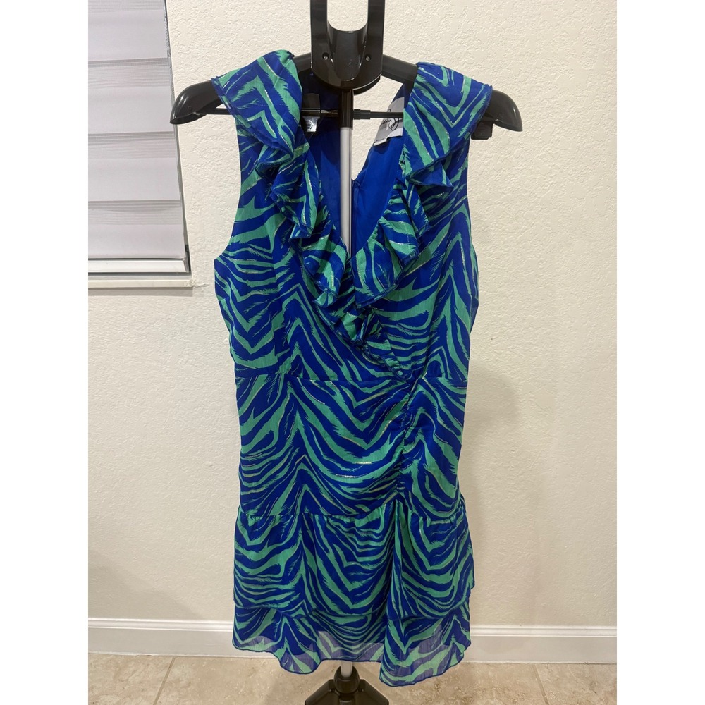 Sam Edelman Size 12 Ruffle Mini Dress Blue Green Animal Print Metallic Party